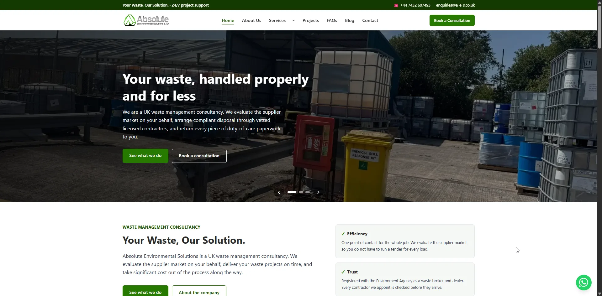 Home page of the A-E-S website built by Build Bros Ltd