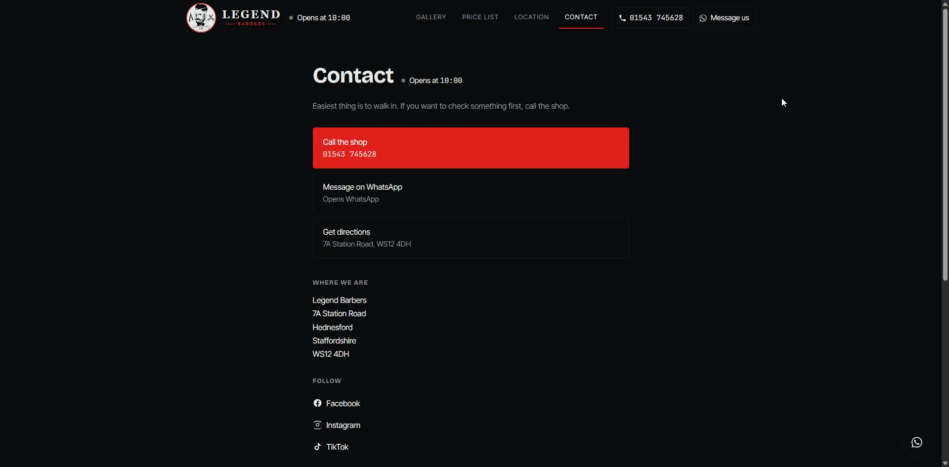 Screenshot 2 of the Legend Barbers website