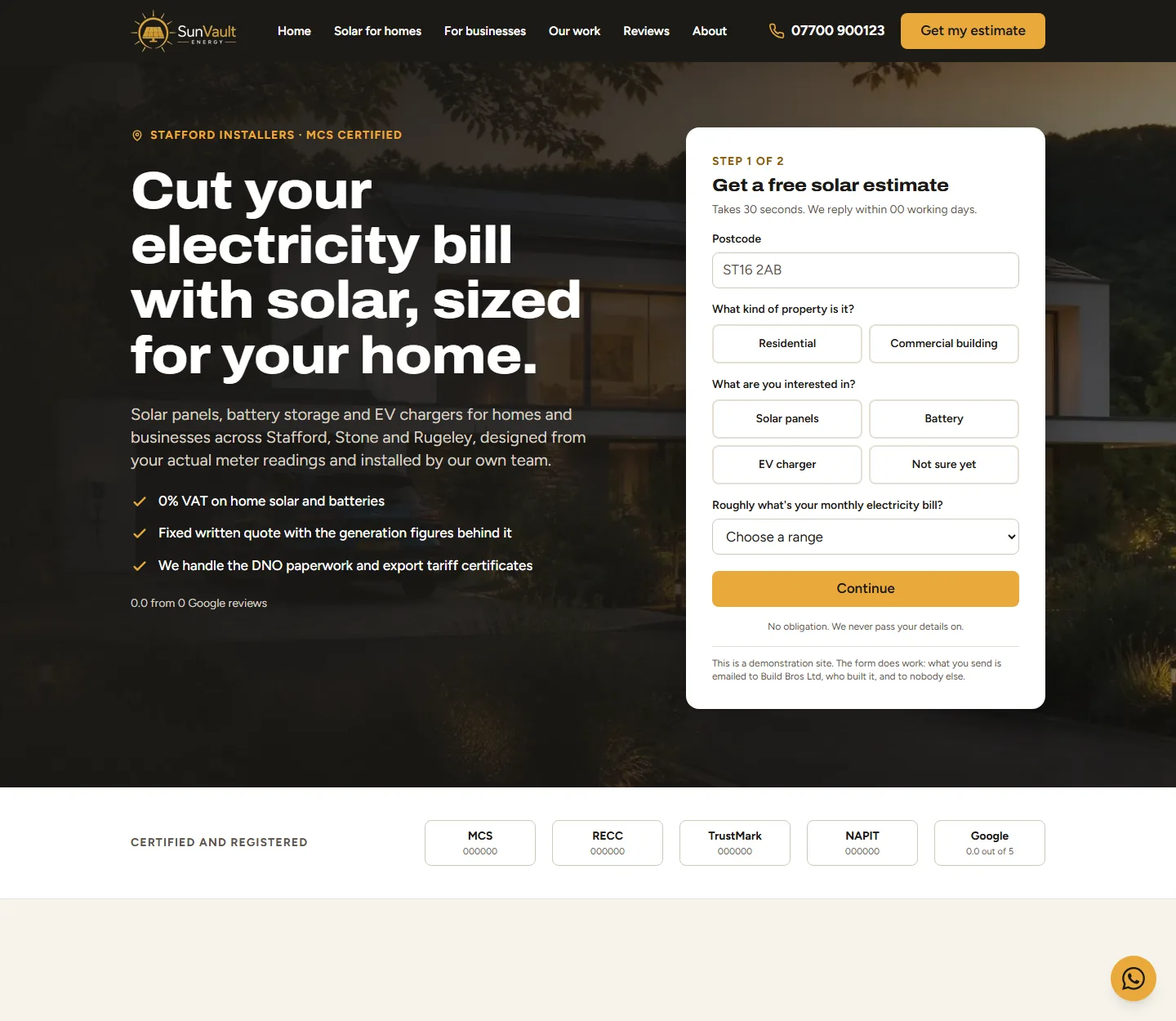 Screenshot of the Sun Vault Energy Ltd (sample site) website