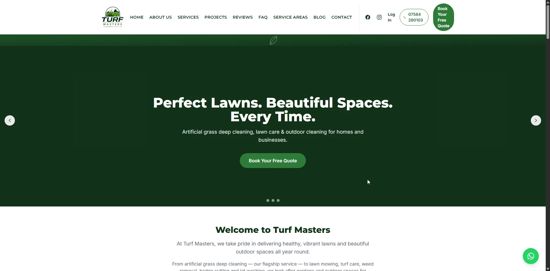 Home page of the Turf Masters website built by Build Bros Ltd