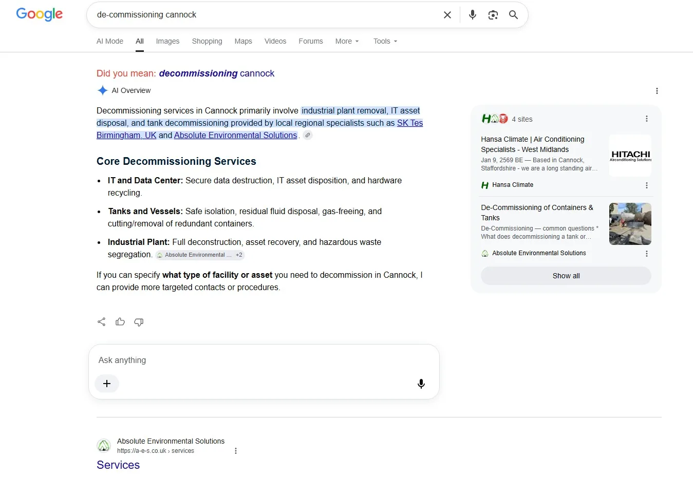 Search results screenshot 6 from the A-E-S SEO project
