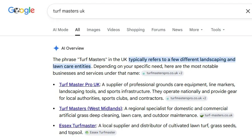 Search results screenshot 2 from the Turf Masters SEO project